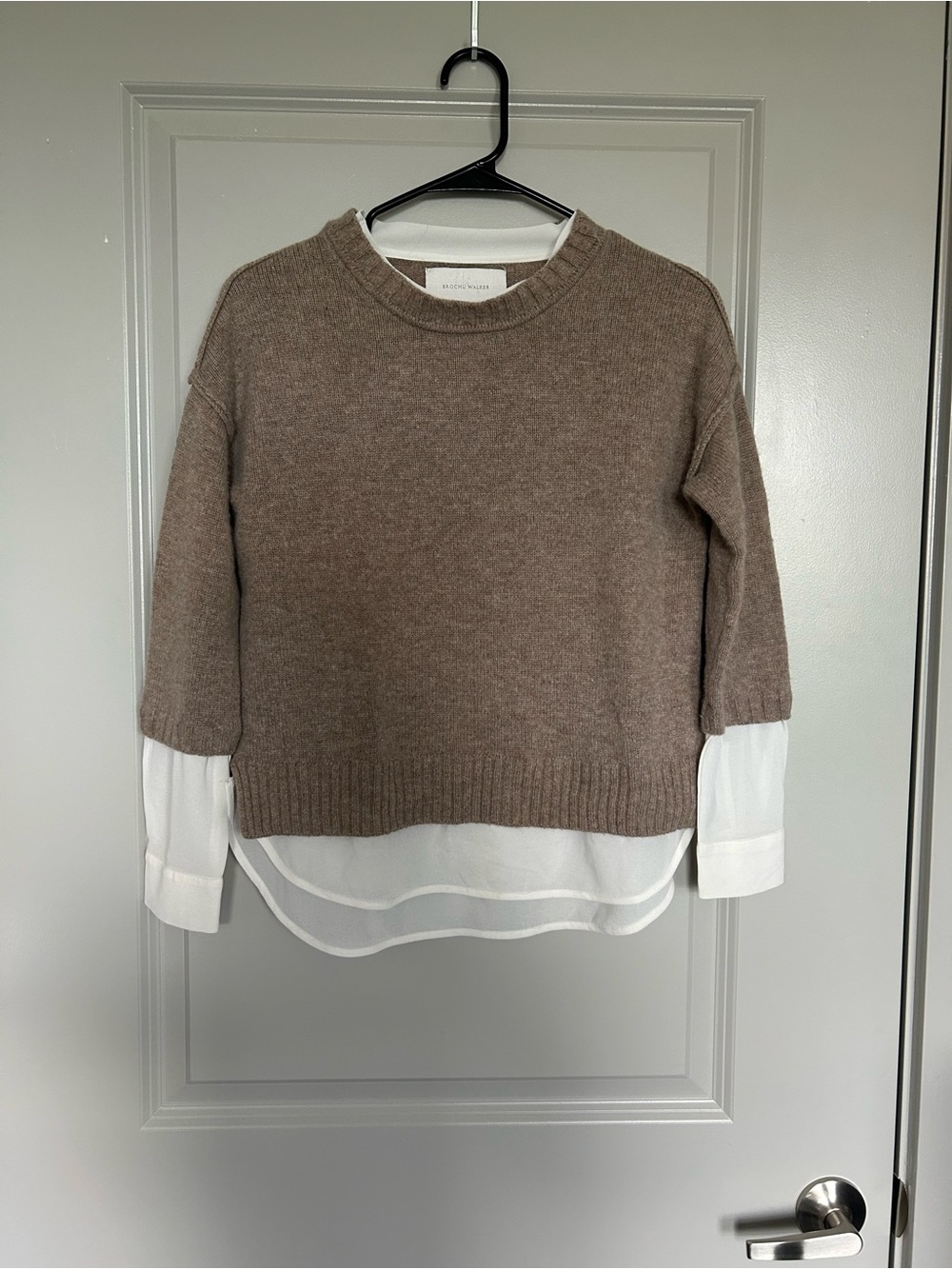 Brochu Walker Taupe Knit Layered Wool Cashmere Crew Sweater with White Hem